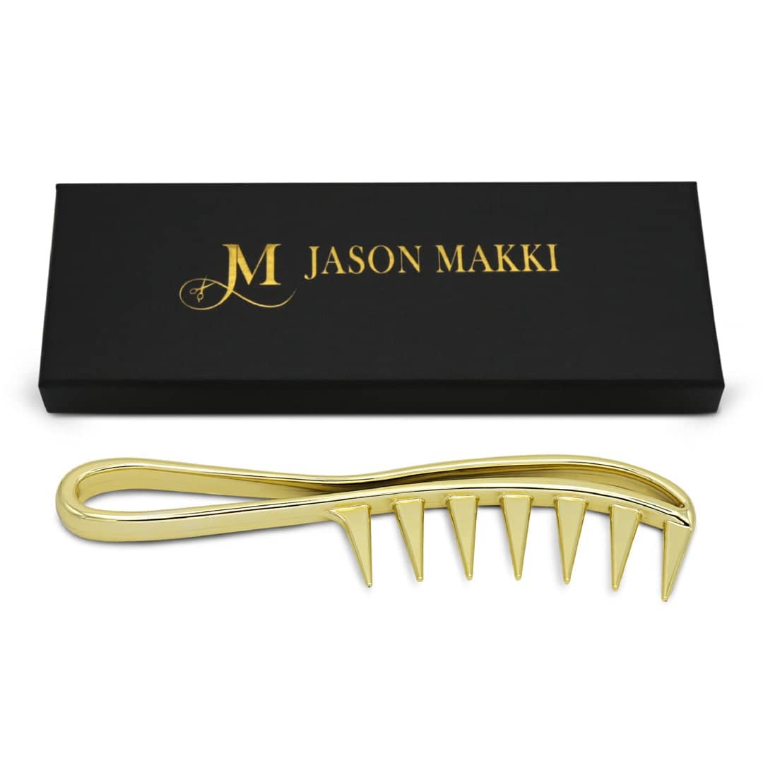 Jason Makki wide-tooth shark comb in gold for men's hair styling