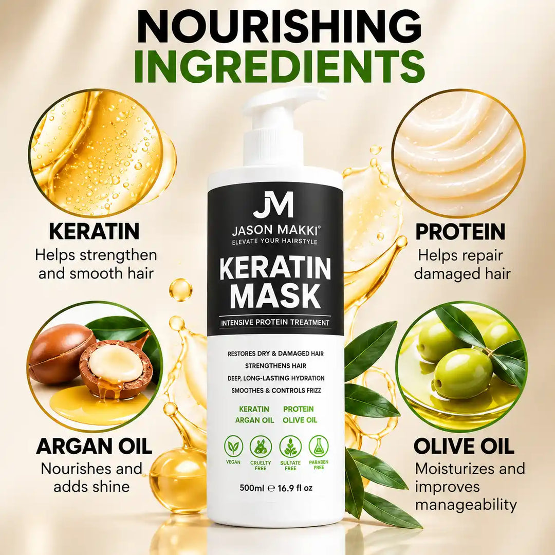 Keratin Hair Mask 500ml with keratin, protein, argan oil and olive oil for deep conditioning, smoother hair and frizz control.