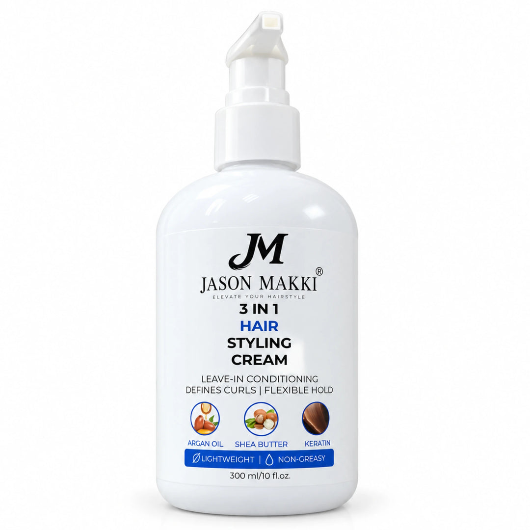 3 in 1 Hair Styling Cream 300ml white pump bottle, leave-in conditioner and curl defining cream with flexible hold, argan oil, shea butter and keratin.