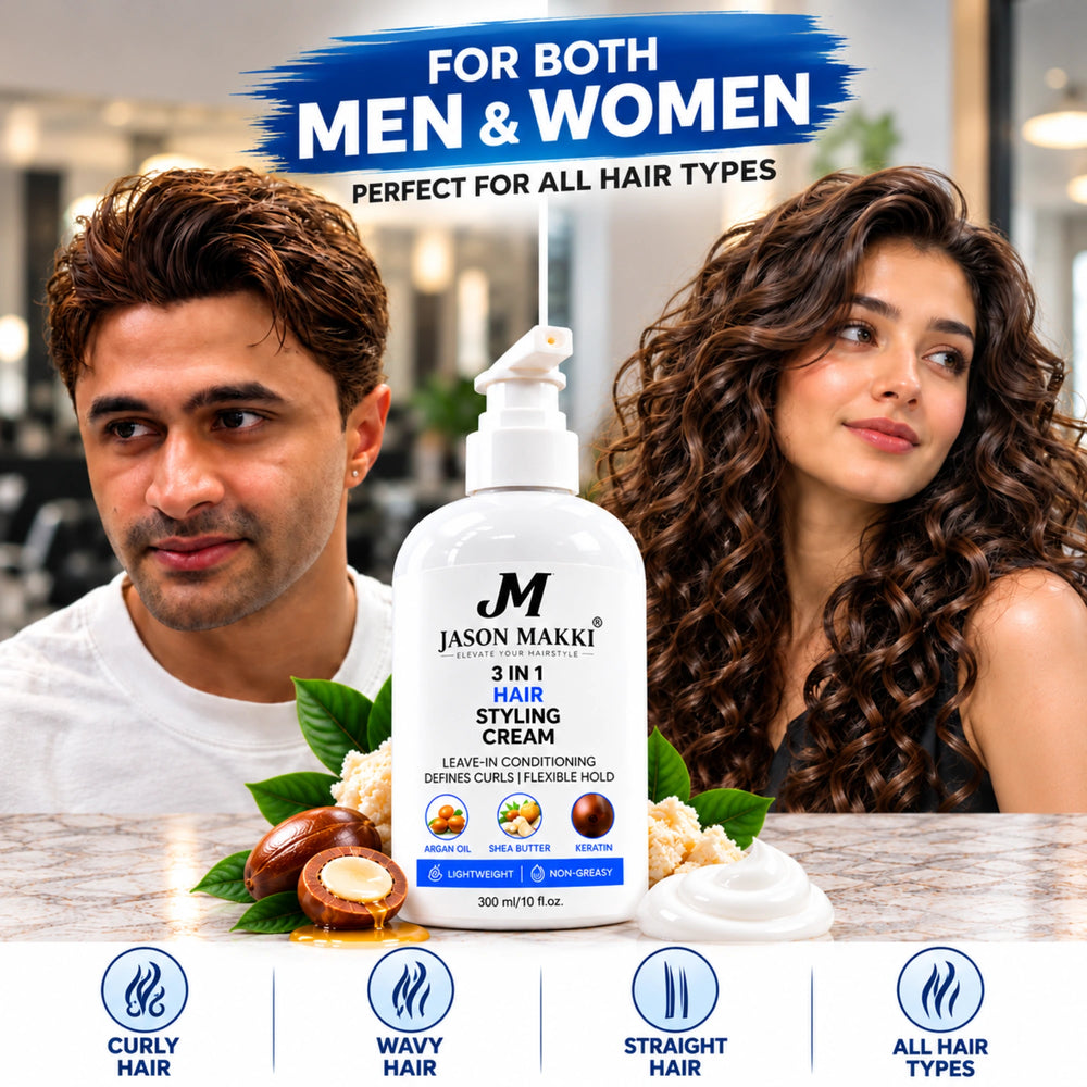 3 in 1 Hair Styling Cream 300ml for men and women, shown with male and female models with styled and curly hair, suitable for curly, wavy and straight hair.