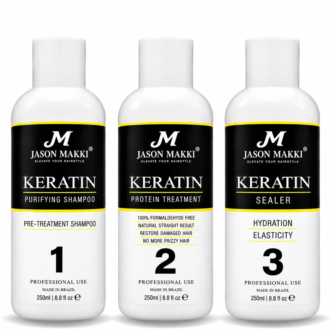 Brazilian Keratin Treatment 3-Step Kit featuring 250ml Purifying Shampoo, Keratin Protein Treatment and Keratin Sealer for hair smoothing and frizz control.