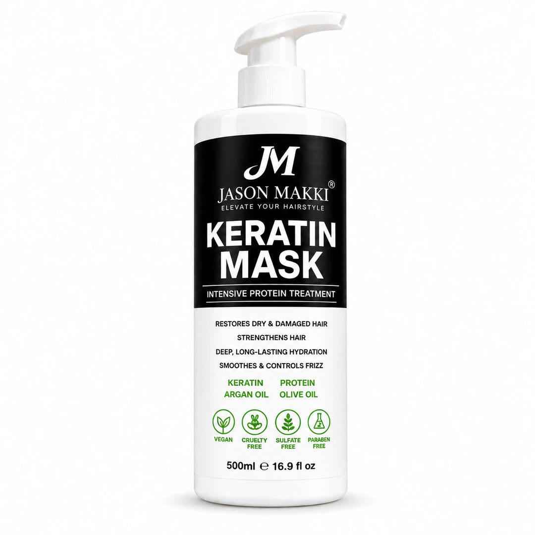 Keratin Hair Mask 500ml intensive protein treatment with argan oil and olive oil, designed for dry, damaged and frizzy hair, shown on a white background.