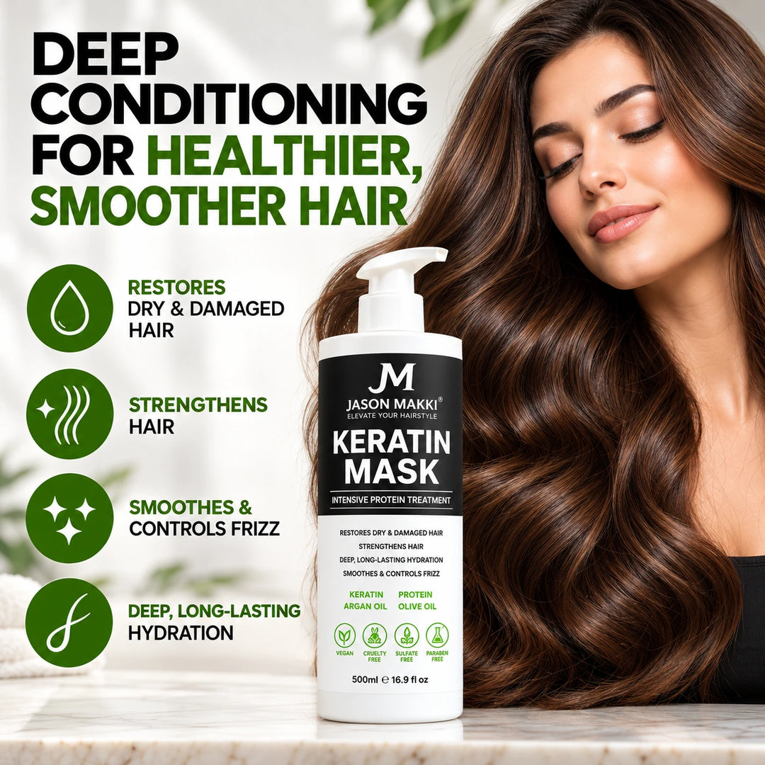 Keratin Hair Mask 500ml deep conditioning treatment displayed beside a woman with smooth, shiny brown hair, highlighting hydration, strengthening and frizz control.