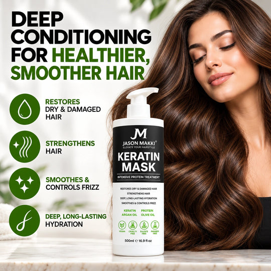 Keratin Hair Mask 500ml deep conditioning treatment displayed beside a woman with smooth, shiny brown hair, highlighting hydration, strengthening and frizz control.