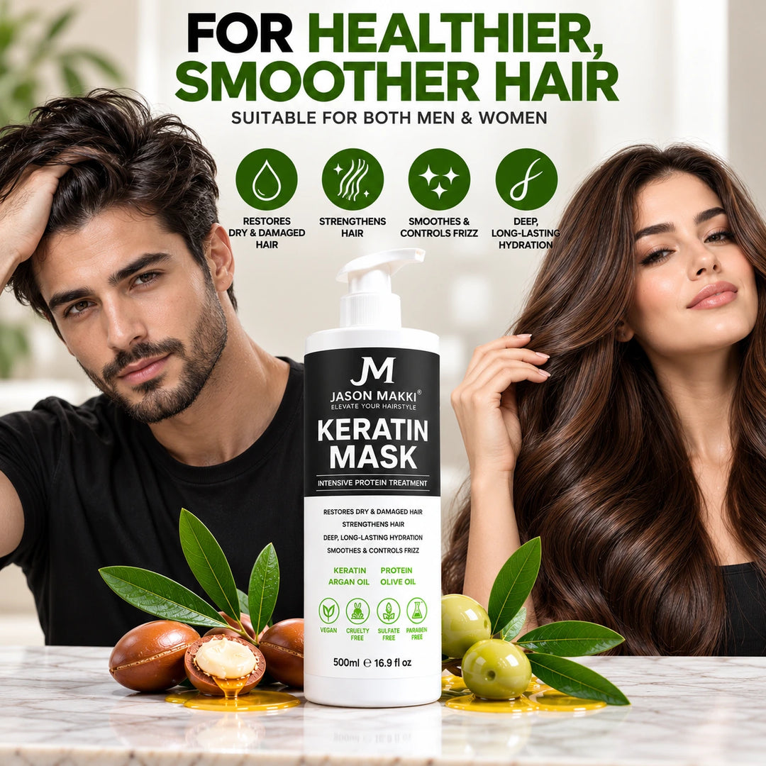 Keratin Hair Mask 500ml for men and women, featuring a male and female model with smooth, healthy-looking hair and a deep conditioning treatment bottle.