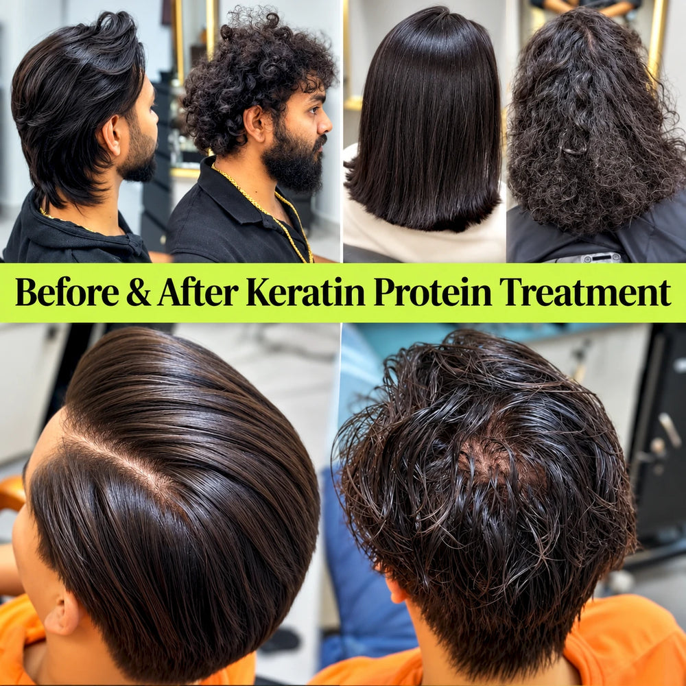 Keratin Protein Treatment before and after hair transformation showing smooth, shiny, straight-looking hair and reduced frizz compared with curly and frizzy hair.