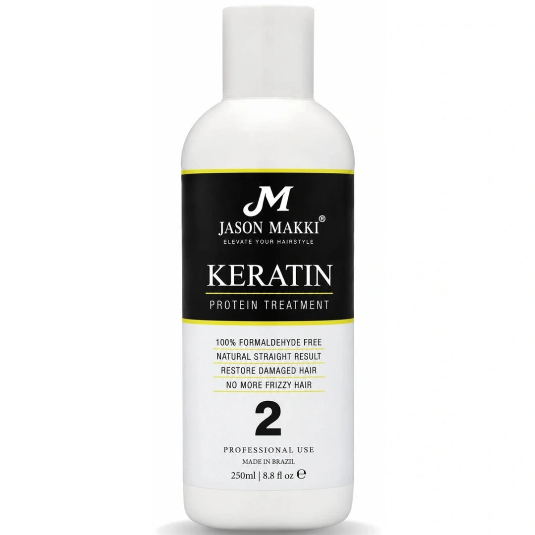 Keratin Protein Treatment Step 2, 250ml Brazilian hair straightening and smoothing treatment, white bottle with black and yellow label.