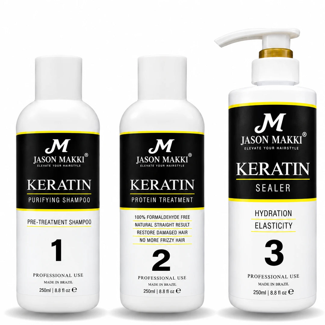 Keratin Treatment 3-Step Kit featuring 250ml Purifying Shampoo, 250ml Protein Treatment and 250ml Keratin Sealer for professional hair smoothing, hydration and frizz control. Made in Brazil.
 Copy alt text
