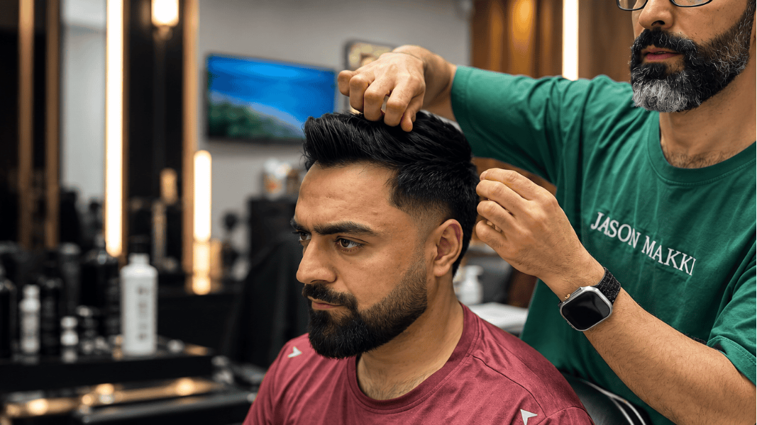 A man in a salon chair having his hair styled by a barber wearing a green T-shirt with 'JASON WAKI' printed on the front. The salon interior is dimly lit with warm vertical light strips in the background.