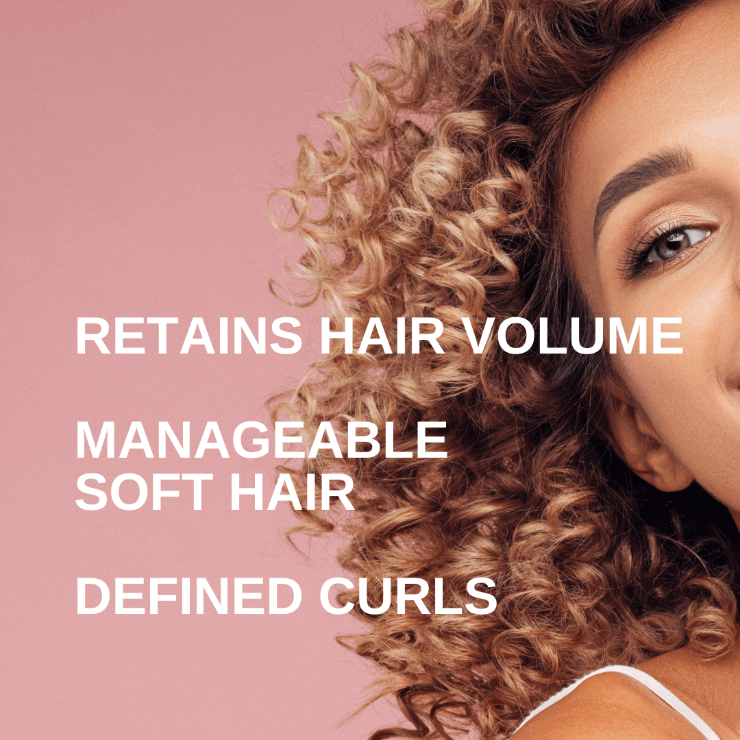 Retains hair volume, manageable soft hair, defined curls
