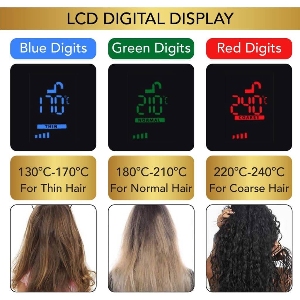 LCD digital display heat range and hair type guide