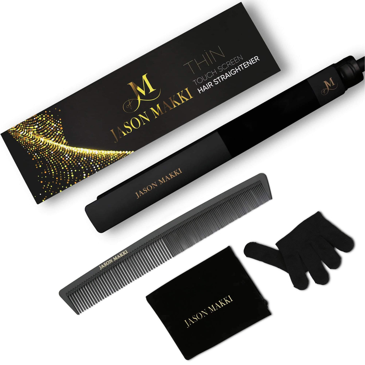 Jason Makki Hair Straightener with heat resistant comb, black gloves and black travel pouch.
