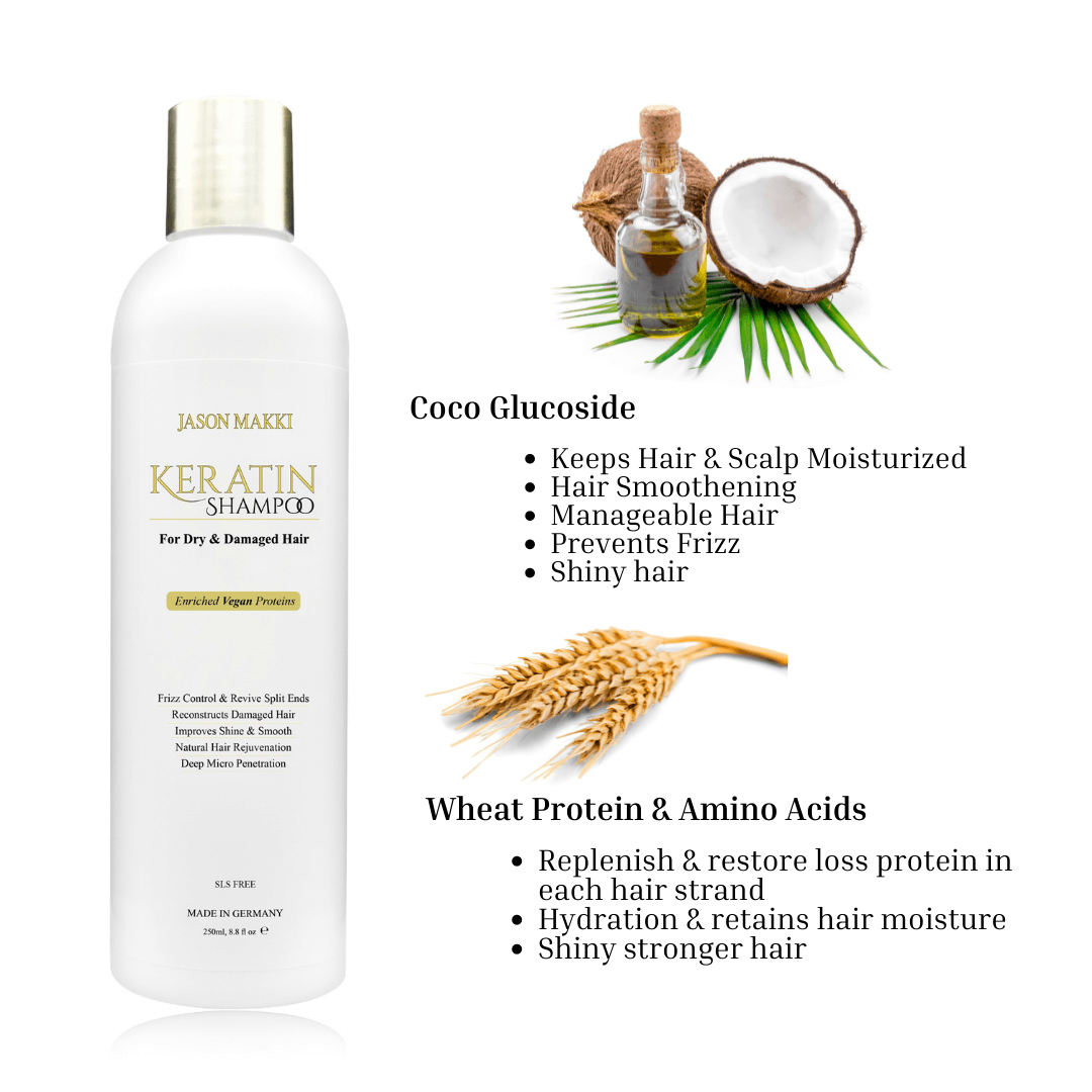 Ingredients include Wheat keratin, amino acids and coco glucoside